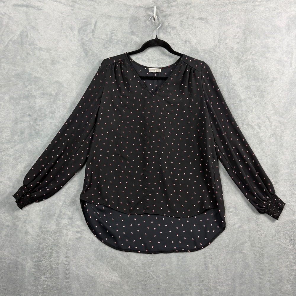 Pleione Womens M Black Heart Print Blouse Long Sleeve Pleated Coquette Y2K Top